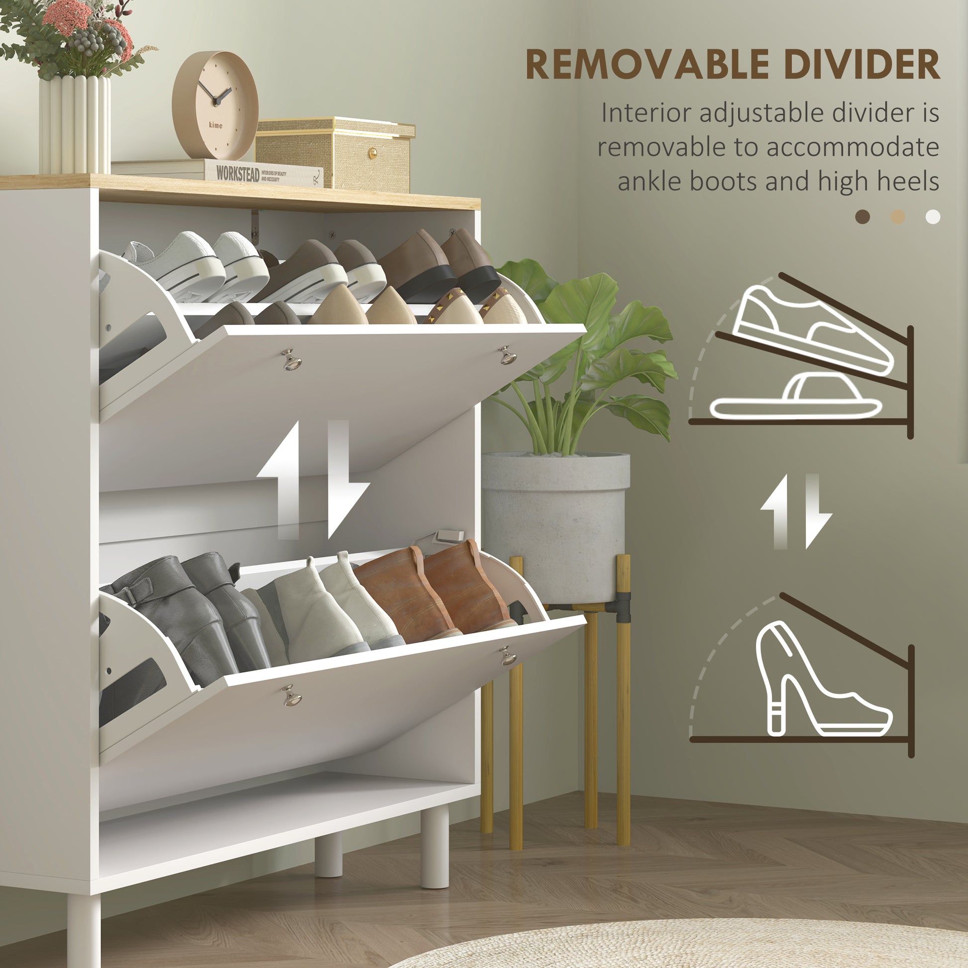 2 Drawers Shoe Storage Cabinet with Adjustable Shelves for 16 Pairs of Shoes, White-Home Furnishings > Storage & Organization > Shoe Storage Cabinets & Racks-DECOROLALA