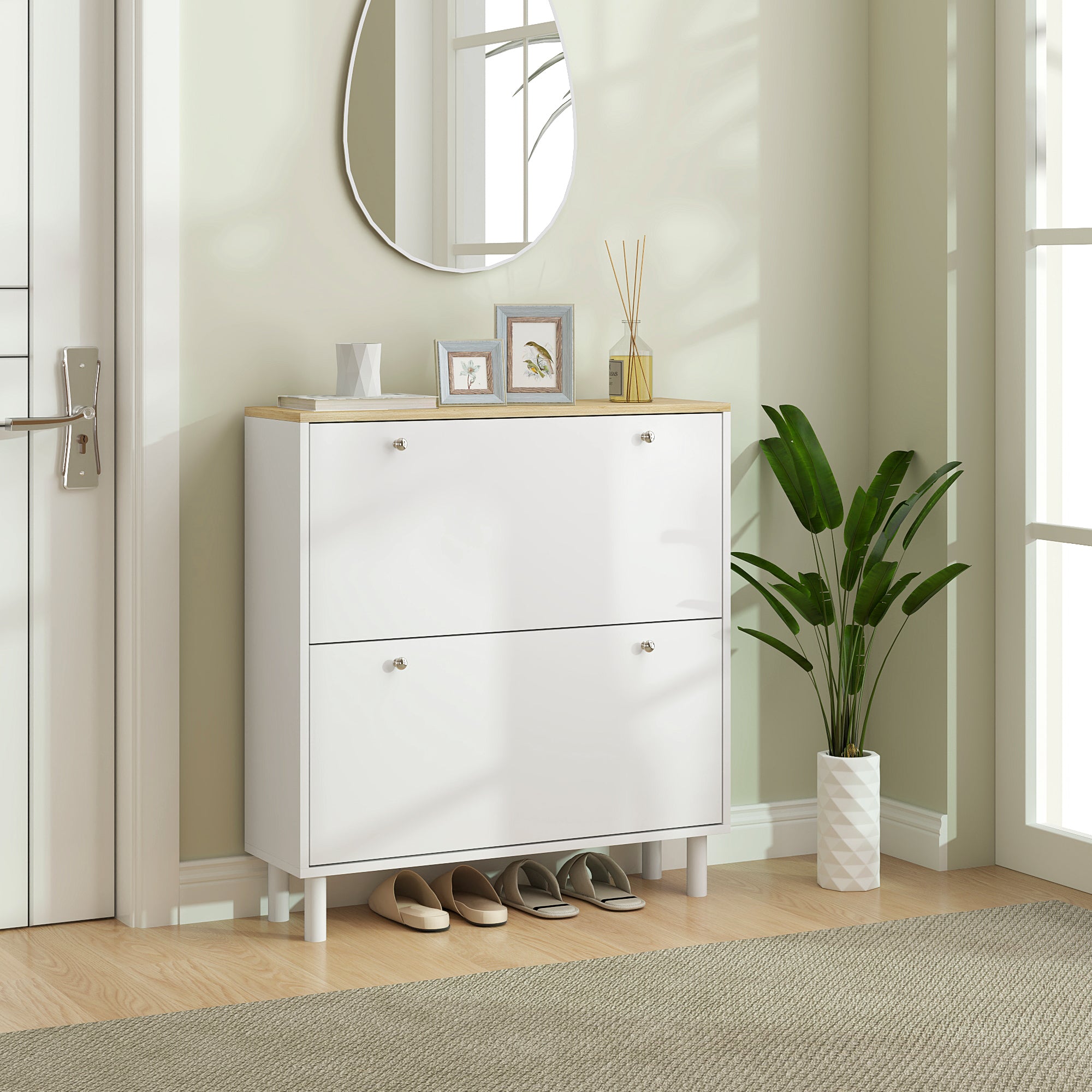 2 Drawers Shoe Storage Cabinet with Adjustable Shelves for 16 Pairs of Shoes, White-Home Furnishings > Storage & Organization > Shoe Storage Cabinets & Racks-DECOROLALA
