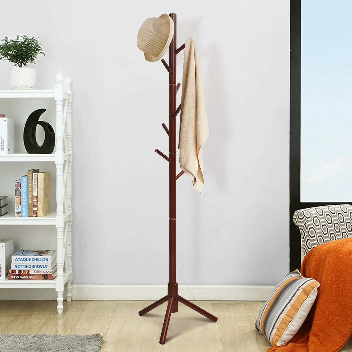 2 Heights Wooden Coat Rack with 8 Hooks-Walnut-Coat Racks & Hall Trees-DECOROLALA
