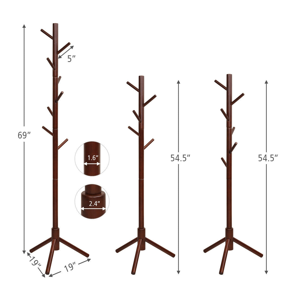 2 Heights Wooden Coat Rack with 8 Hooks-Walnut-Coat Racks & Hall Trees-DECOROLALA