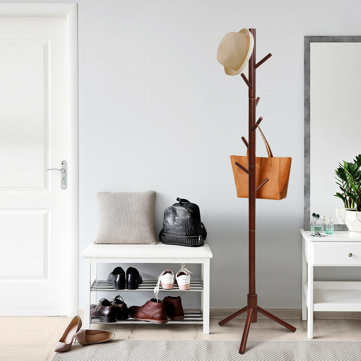 2 Heights Wooden Coat Rack with 8 Hooks-Walnut-Coat Racks & Hall Trees-DECOROLALA