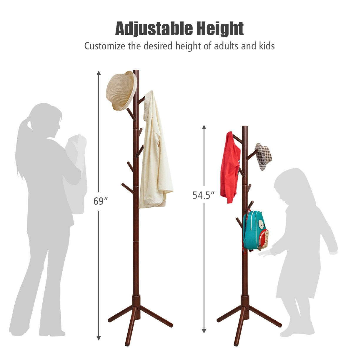 2 Heights Wooden Coat Rack with 8 Hooks-Walnut-Coat Racks & Hall Trees-DECOROLALA