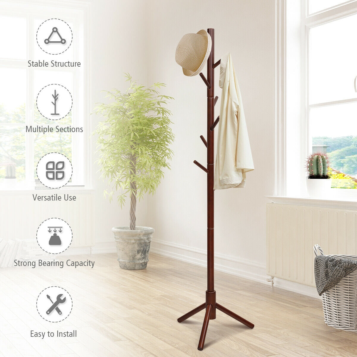 2 Heights Wooden Coat Rack with 8 Hooks-Walnut-Coat Racks & Hall Trees-DECOROLALA