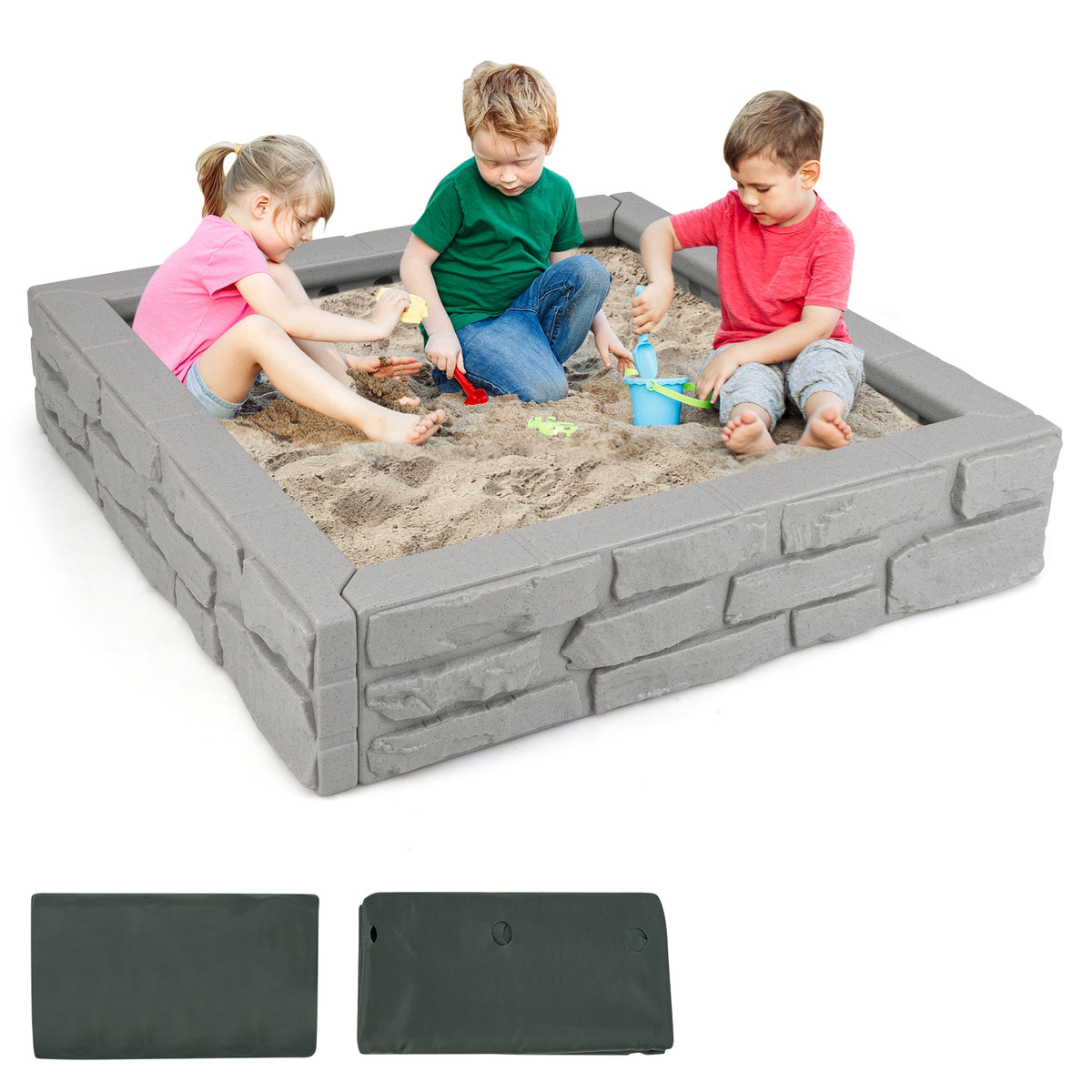 2-In-1 HDPE Kids Sandbox with Cover and Bottom Liner