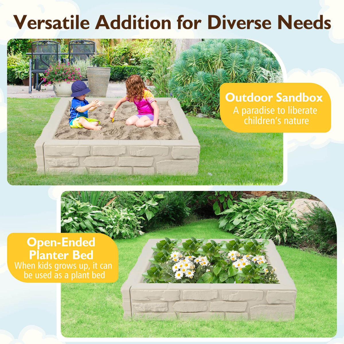 2-In-1 HDPE Kids Sandbox with Cover and Bottom Liner