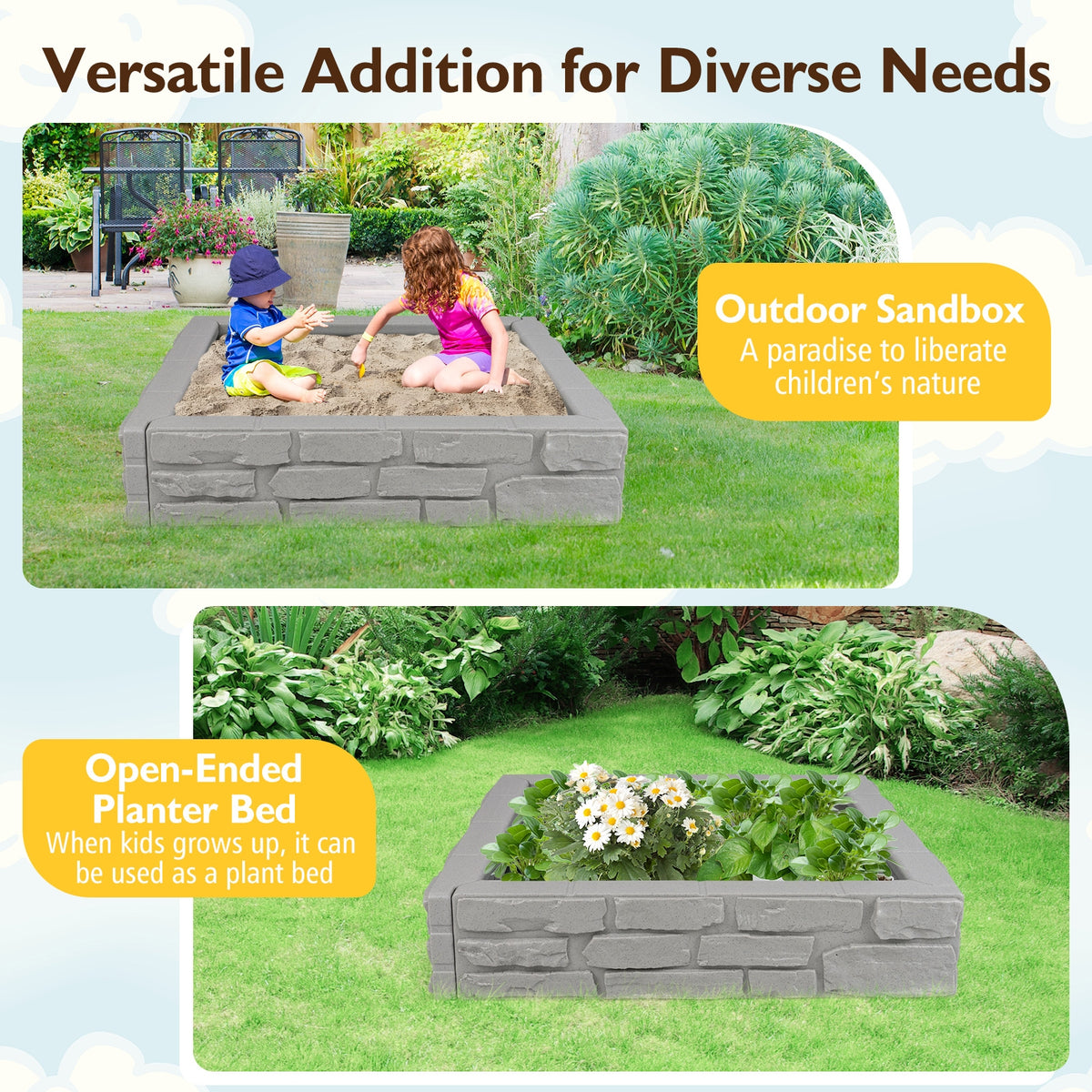2-In-1 HDPE Kids Sandbox with Cover and Bottom Liner