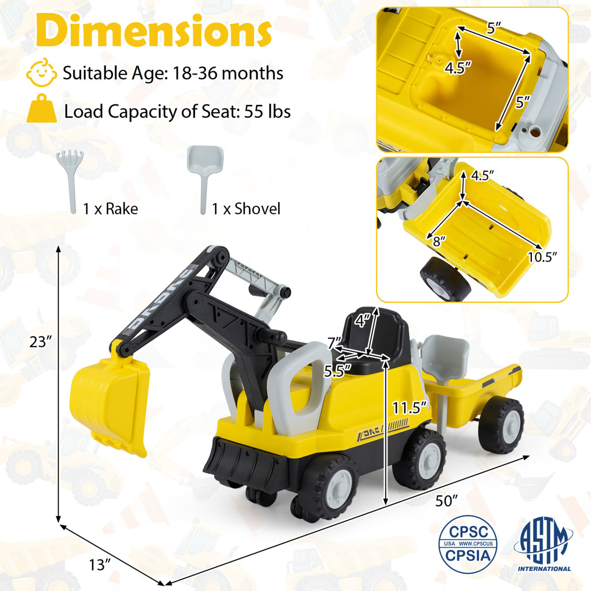 2-in-1 Kids Ride-On Tractor with Digging Arm and Trailer