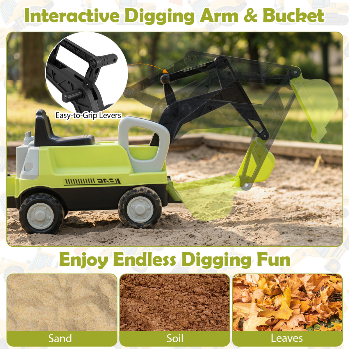 2-in-1 Kids Ride-On Tractor with Digging Arm and Trailer