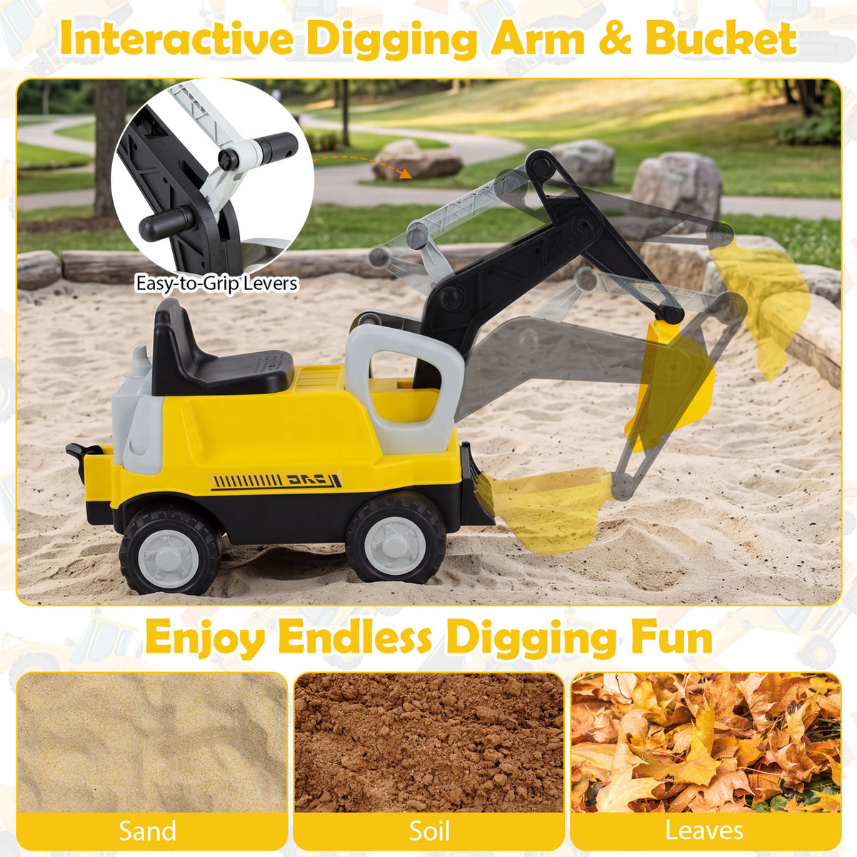 2-in-1 Kids Ride-On Tractor with Digging Arm and Trailer