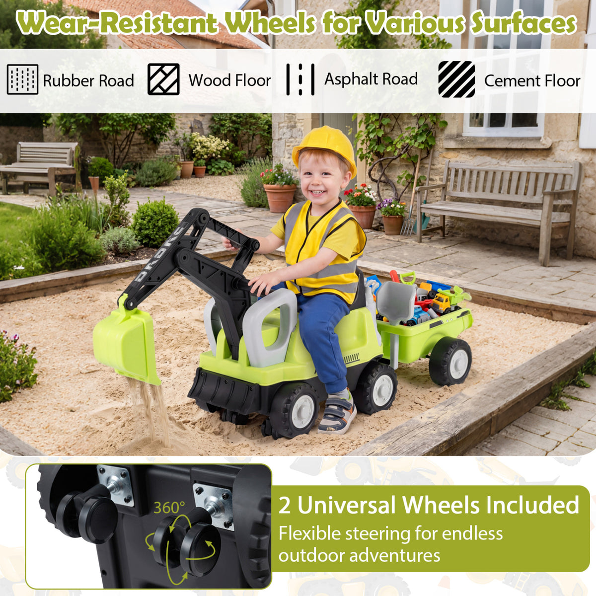 2-in-1 Kids Ride-On Tractor with Digging Arm and Trailer