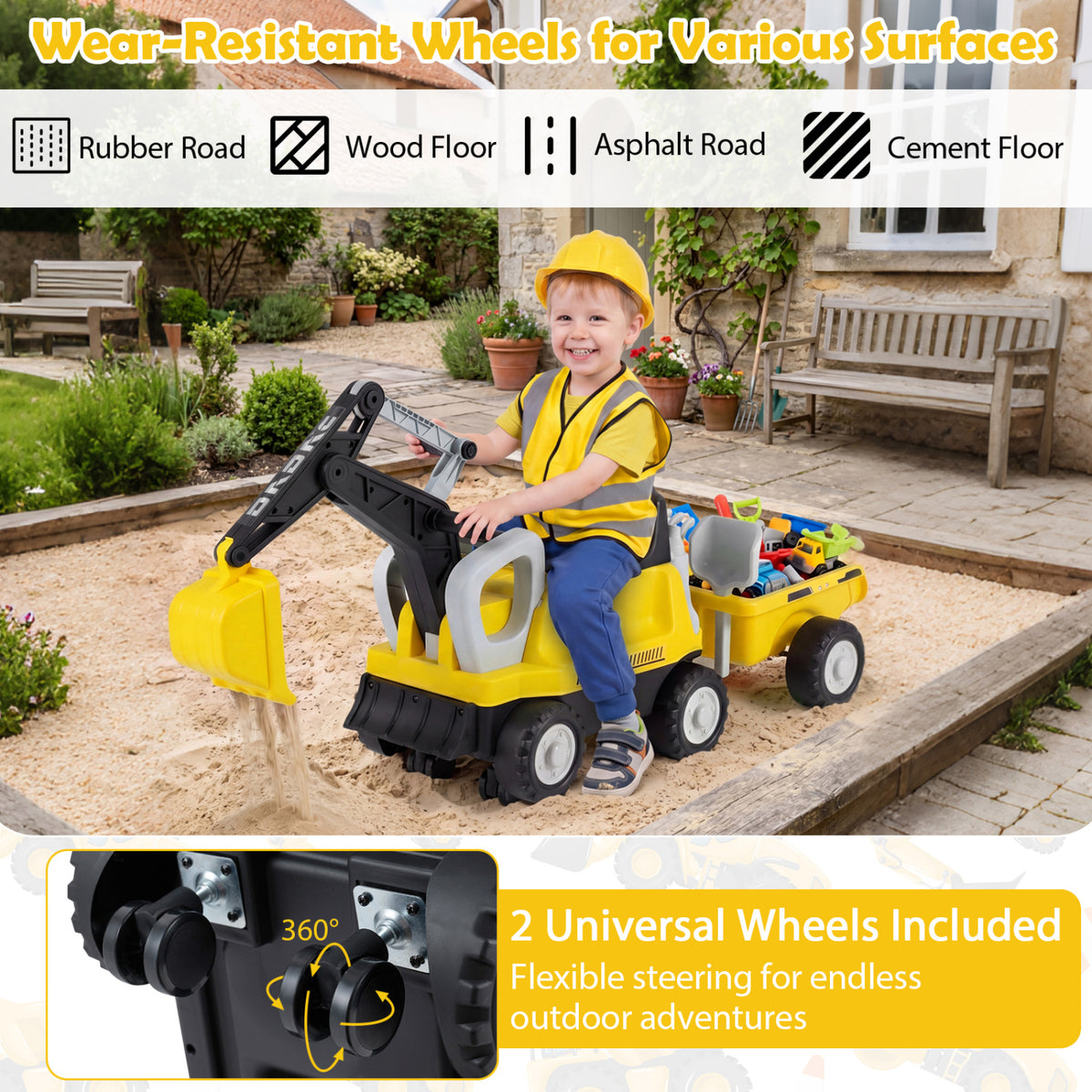 2-in-1 Kids Ride-On Tractor with Digging Arm and Trailer