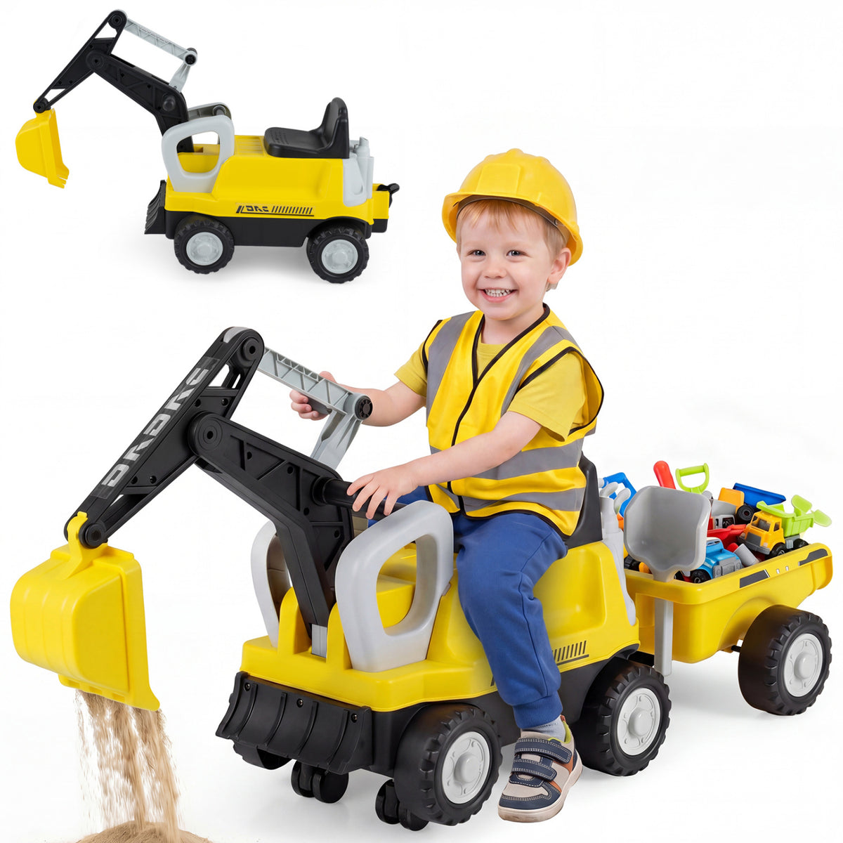 Tracteur à chevaucher 2-en-1 pour enfants avec bras excavateur et remorque amovible