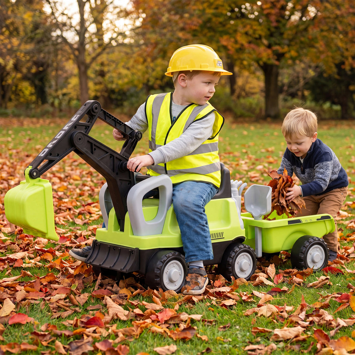 2-in-1 Kids Ride-On Tractor with Digging Arm and Trailer