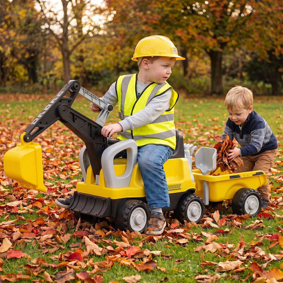 2-in-1 Kids Ride-On Tractor with Digging Arm and Trailer
