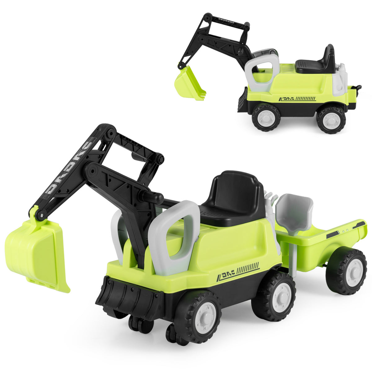 2-in-1 Kids Ride-On Tractor with Digging Arm and Trailer