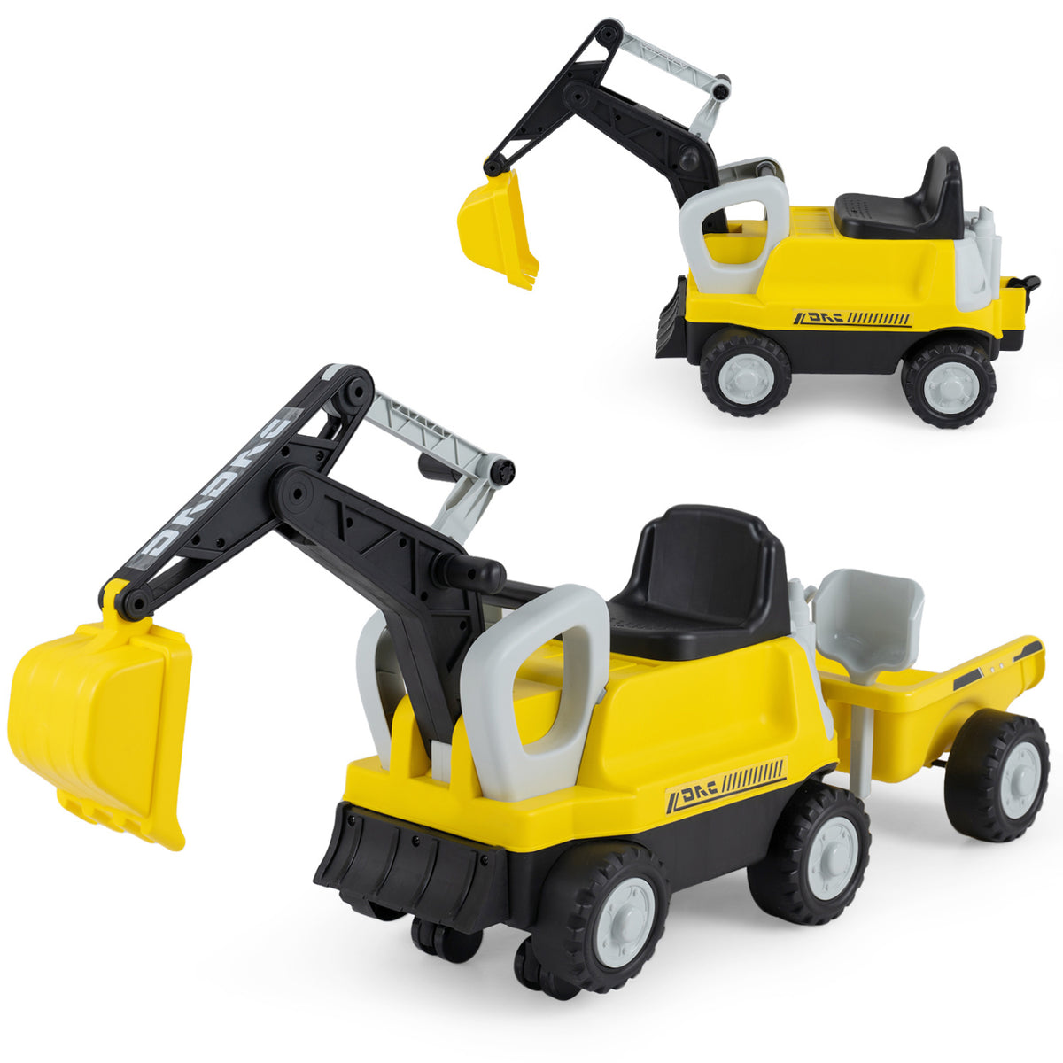 2-in-1 Kids Ride-On Tractor with Digging Arm and Trailer