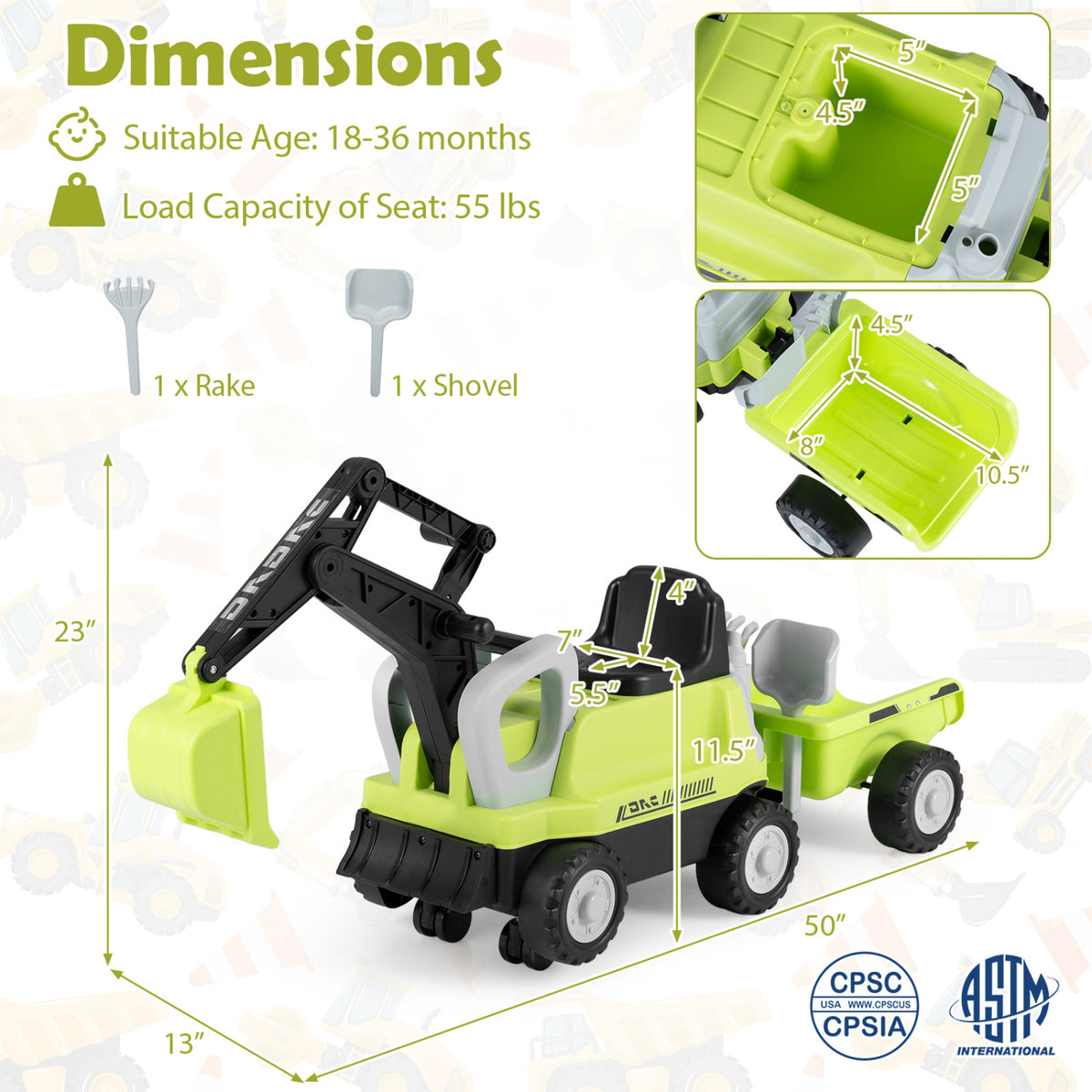 2-in-1 Kids Ride-On Tractor with Digging Arm and Trailer