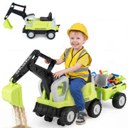 2-in-1 Kids Ride-On Tractor with Digging Arm and Trailer