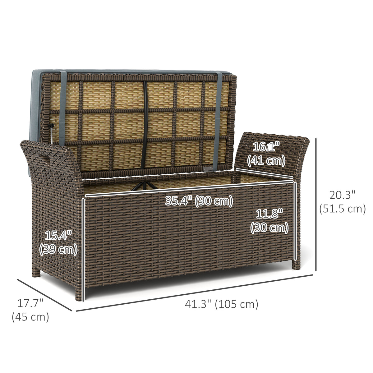 2-In-1 Outdoor PE Rattan Storage Bench, 29 Gallon Patio Wicker Furniture, Basket Box with Handles and Cushion Dark Grey-Outdoor Storage Boxes-DECOROLALA