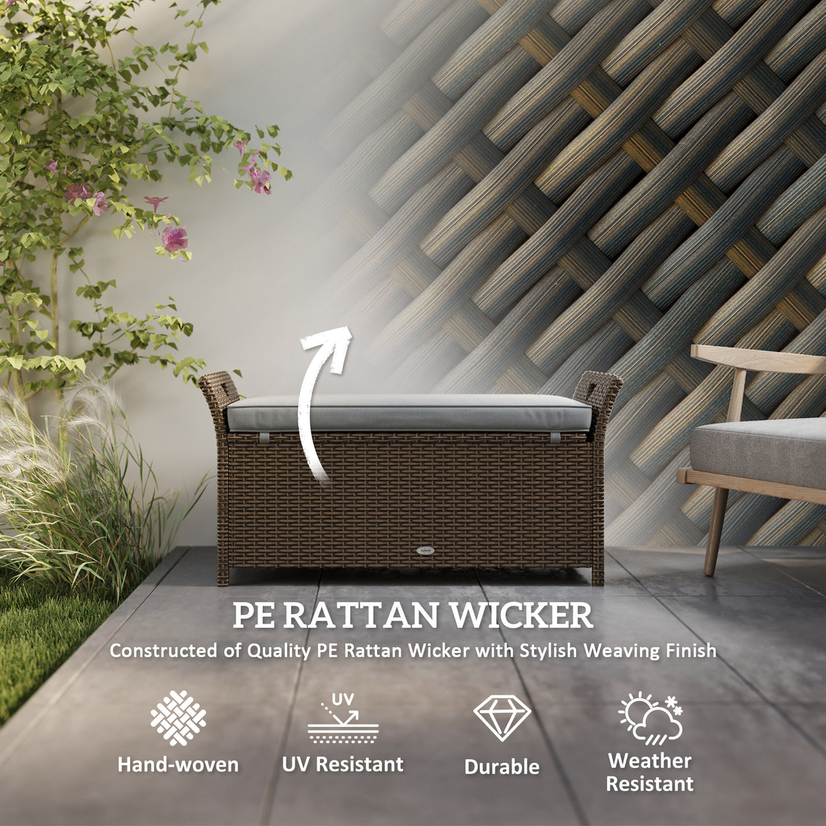 2-In-1 Outdoor PE Rattan Storage Bench, 29 Gallon Patio Wicker Furniture, Basket Box with Handles and Cushion Dark Grey-Outdoor Storage Boxes-DECOROLALA