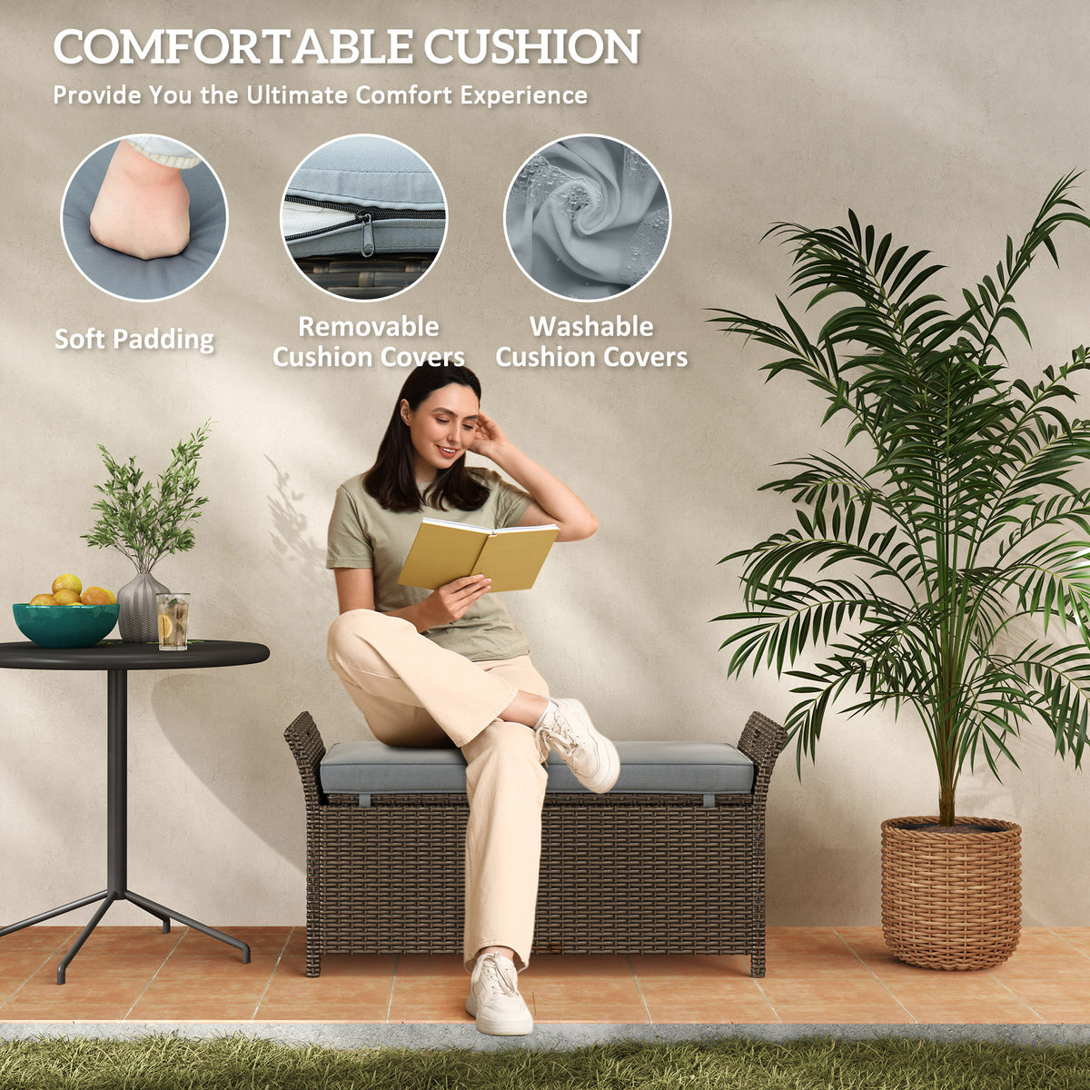 2-In-1 Outdoor PE Rattan Storage Bench, 29 Gallon Patio Wicker Furniture, Basket Box with Handles and Cushion Dark Grey-Outdoor Storage Boxes-DECOROLALA