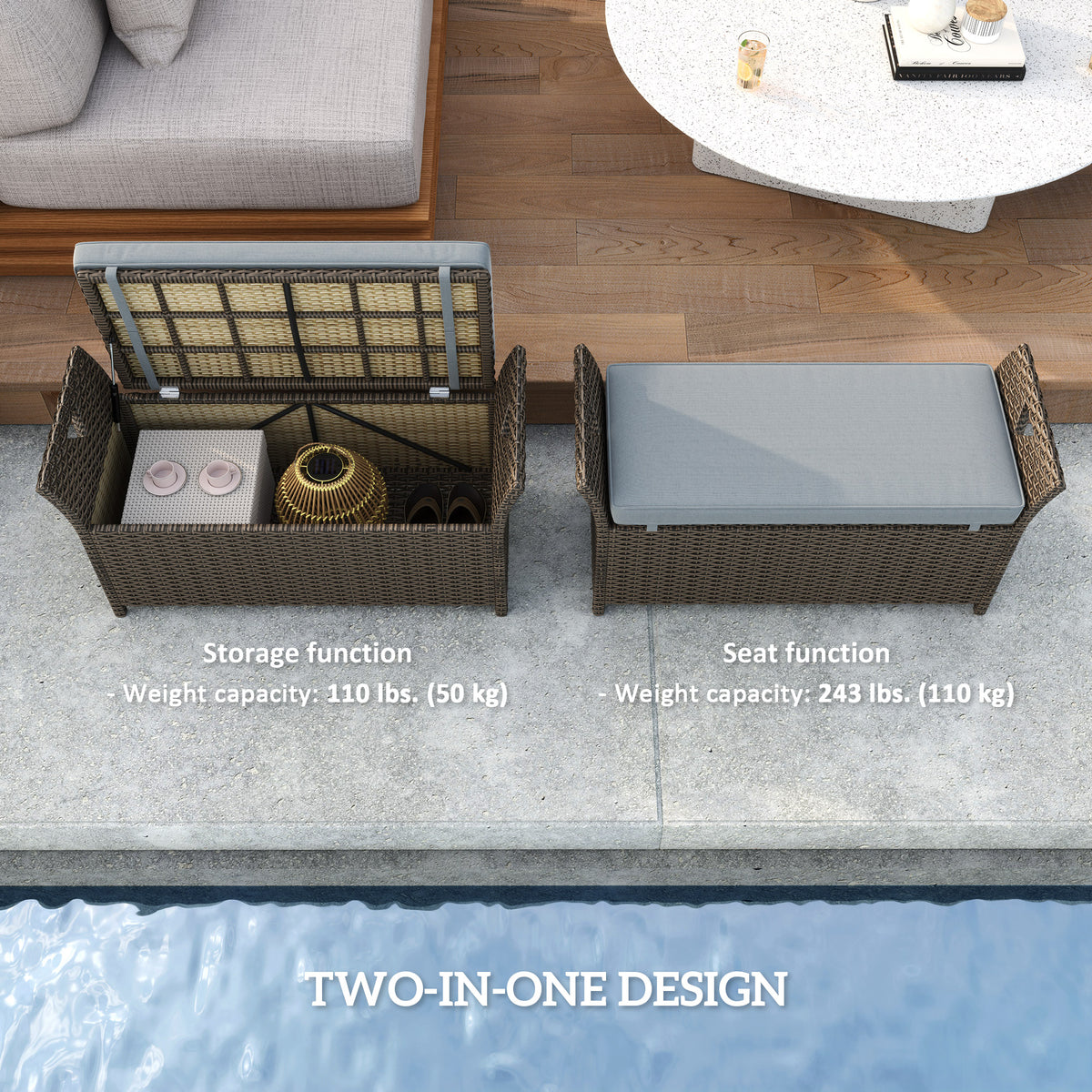 2-In-1 Outdoor PE Rattan Storage Bench, 29 Gallon Patio Wicker Furniture, Basket Box with Handles and Cushion Dark Grey-Outdoor Storage Boxes-DECOROLALA