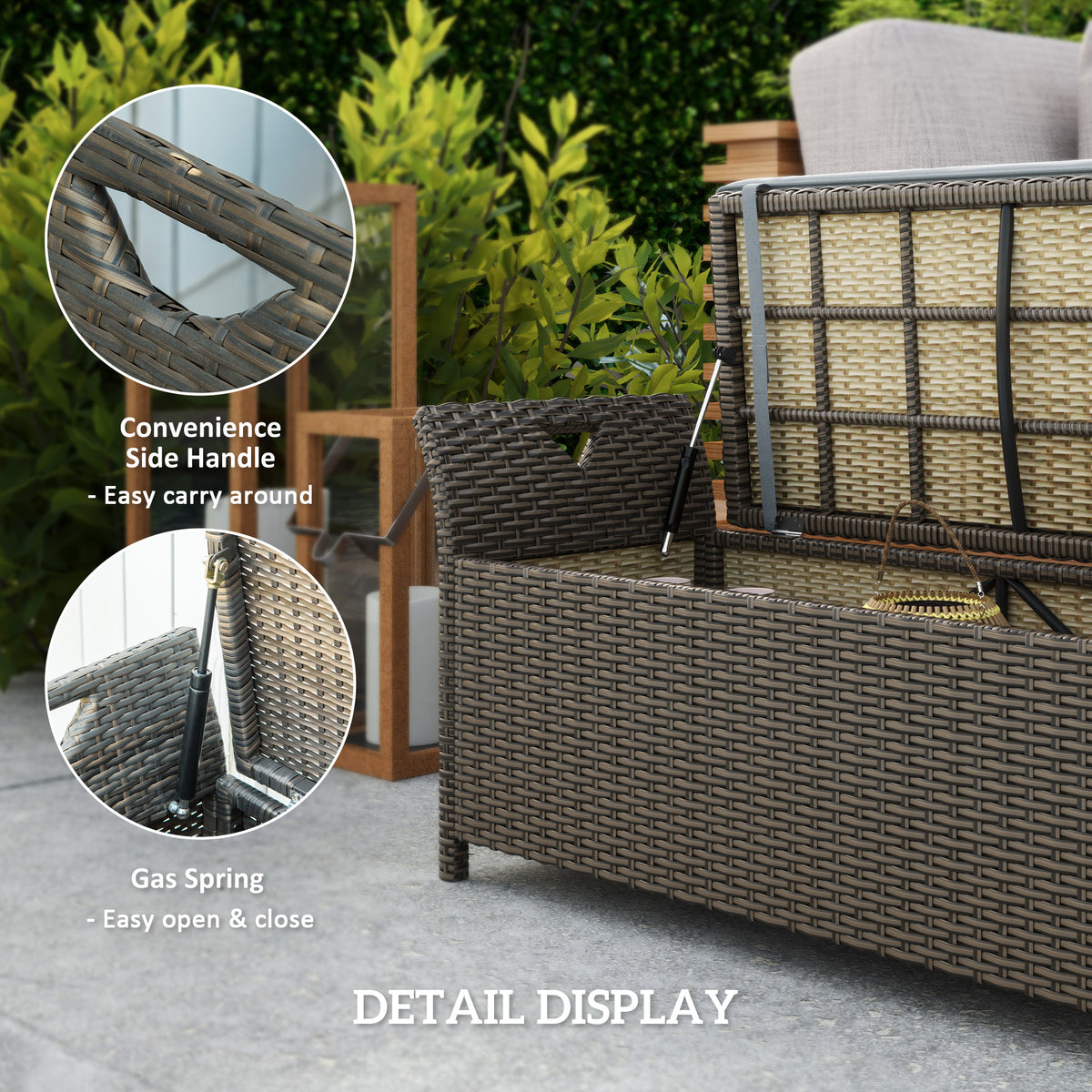 2-In-1 Outdoor PE Rattan Storage Bench, 29 Gallon Patio Wicker Furniture, Basket Box with Handles and Cushion Dark Grey-Outdoor Storage Boxes-DECOROLALA