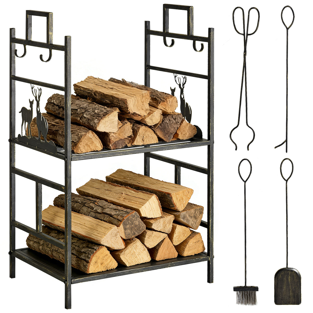 2-Layer Firewood Rack with 4 Tools - Gold Iron 30" H-Firewood Racks-DECOROLALA