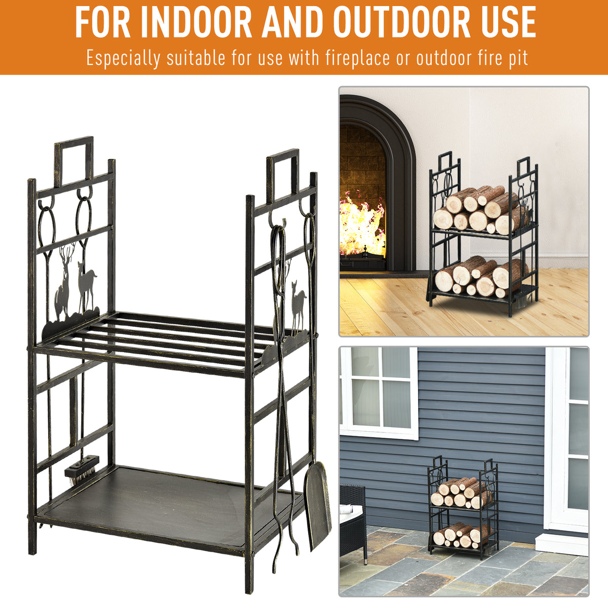 2-Layer Firewood Rack with 4 Tools - Gold Iron 30" H-Firewood Racks-DECOROLALA
