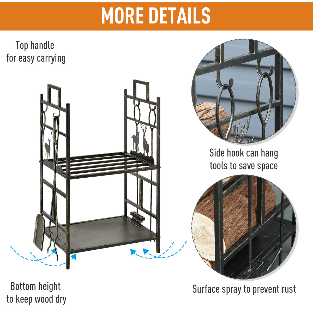 2-Layer Firewood Rack with 4 Tools - Gold Iron 30" H-Firewood Racks-DECOROLALA