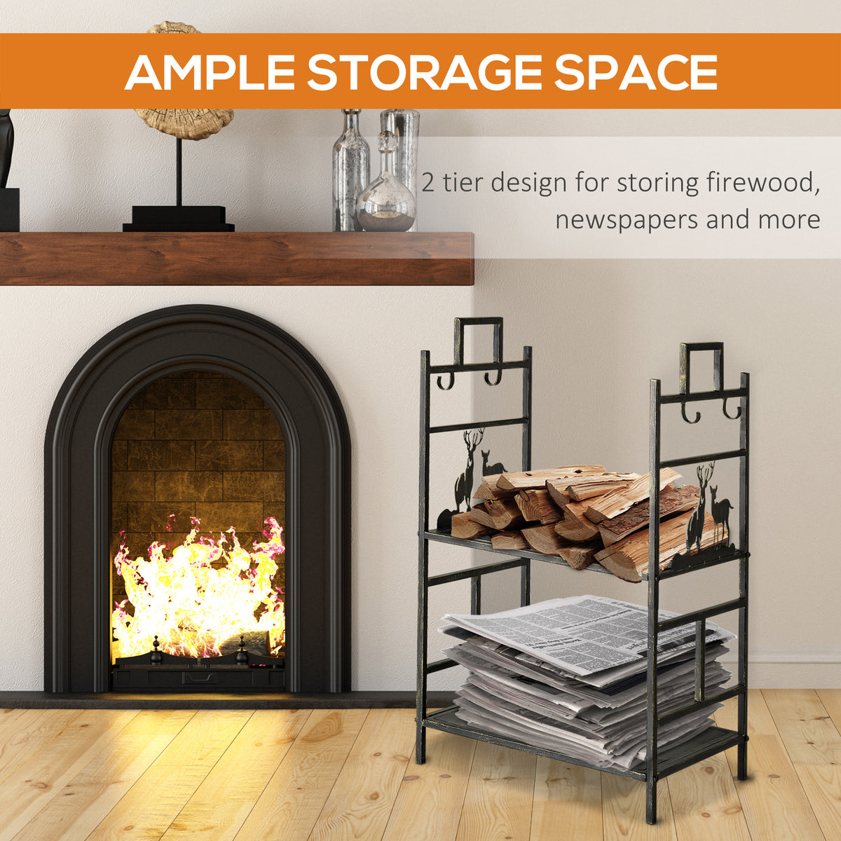 2-Layer Firewood Rack with 4 Tools - Gold Iron 30" H-Firewood Racks-DECOROLALA