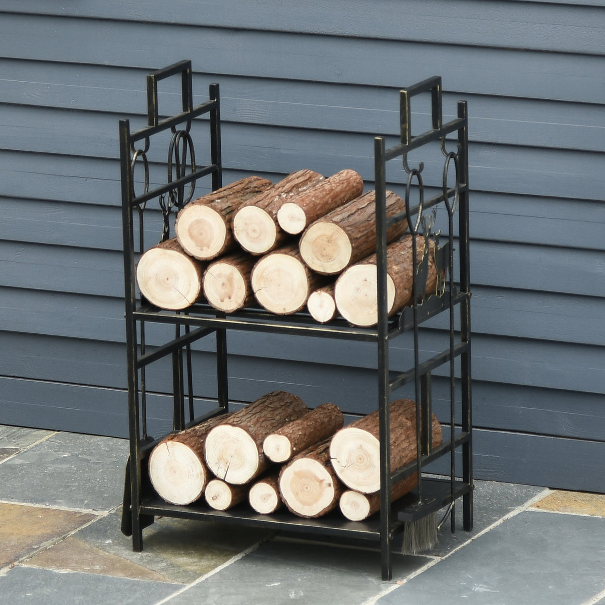 2-Layer Firewood Rack with 4 Tools - Gold Iron 30" H-Firewood Racks-DECOROLALA