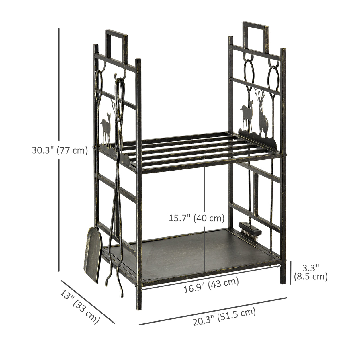 2-Layer Firewood Rack with 4 Tools - Gold Iron 30" H-Firewood Racks-DECOROLALA