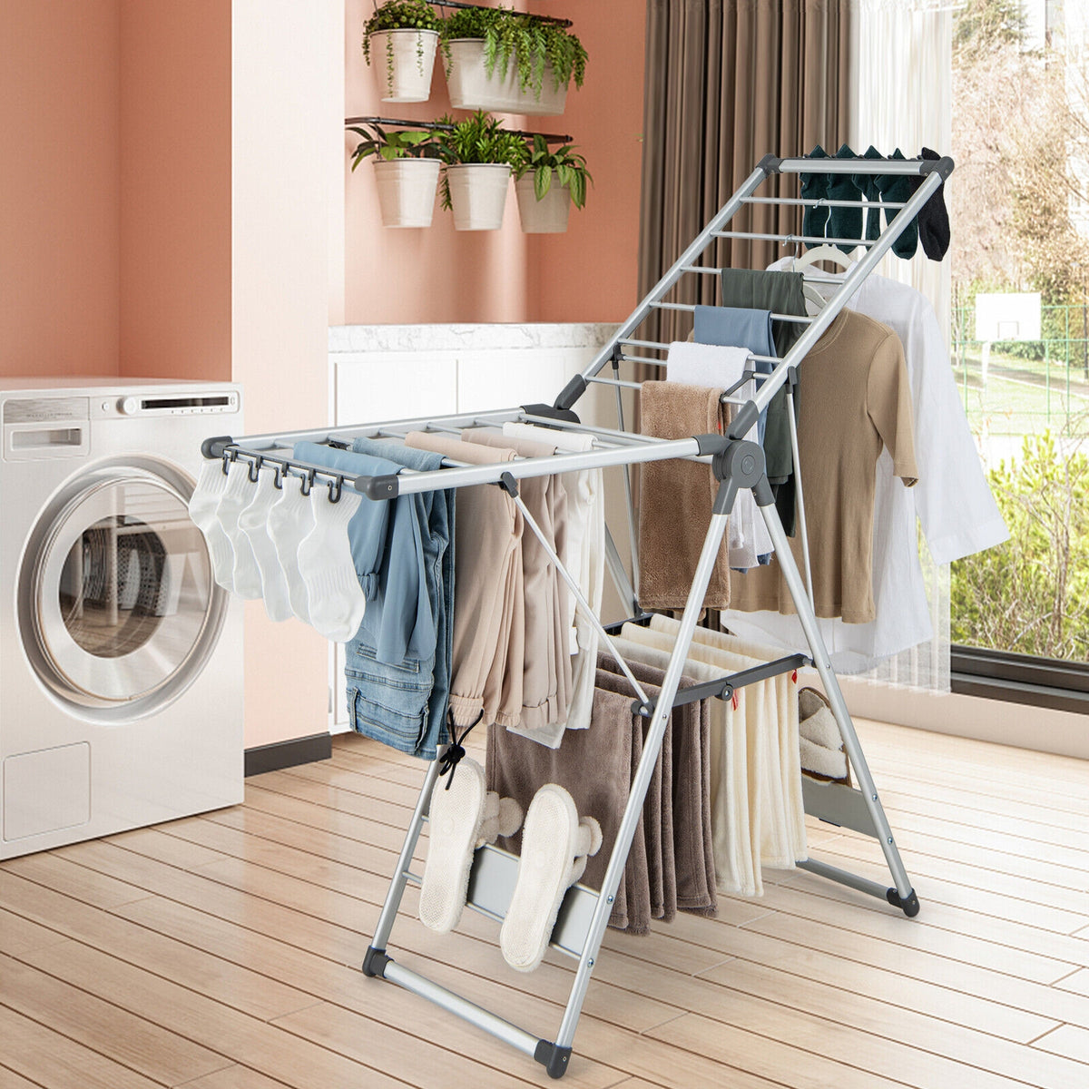 2-Layer Folding Clothes Drying Rack with 5-Level Adjustable Height-Laundry Drying Racks-DECOROLALA