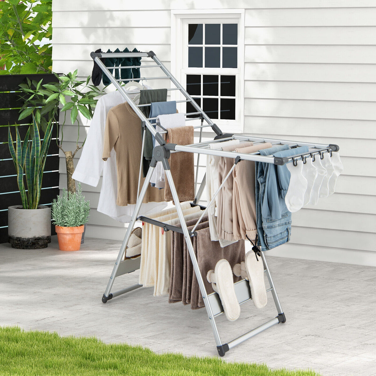2-Layer Folding Clothes Drying Rack with 5-Level Adjustable Height-Laundry Drying Racks-DECOROLALA