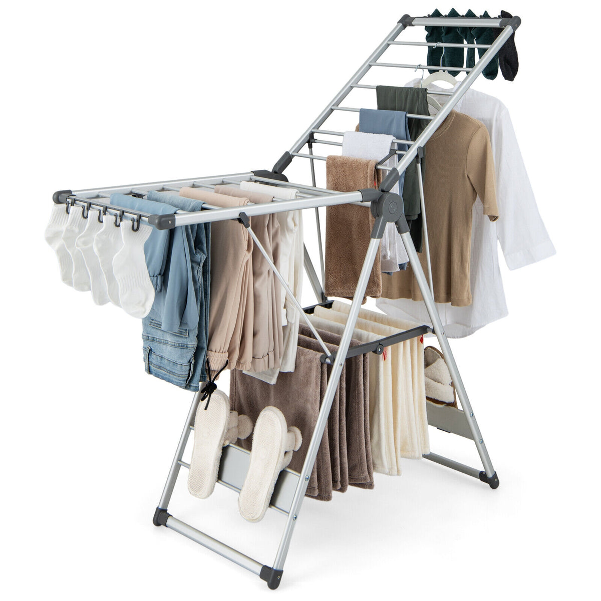 2-Layer Folding Clothes Drying Rack with 5-Level Adjustable Height-Laundry Drying Racks-DECOROLALA