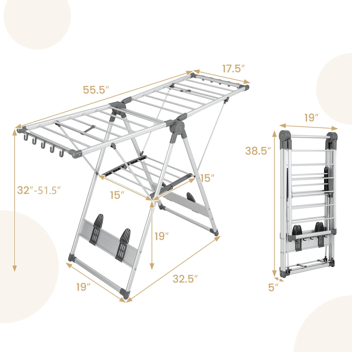 2-Layer Folding Clothes Drying Rack with 5-Level Adjustable Height-Laundry Drying Racks-DECOROLALA