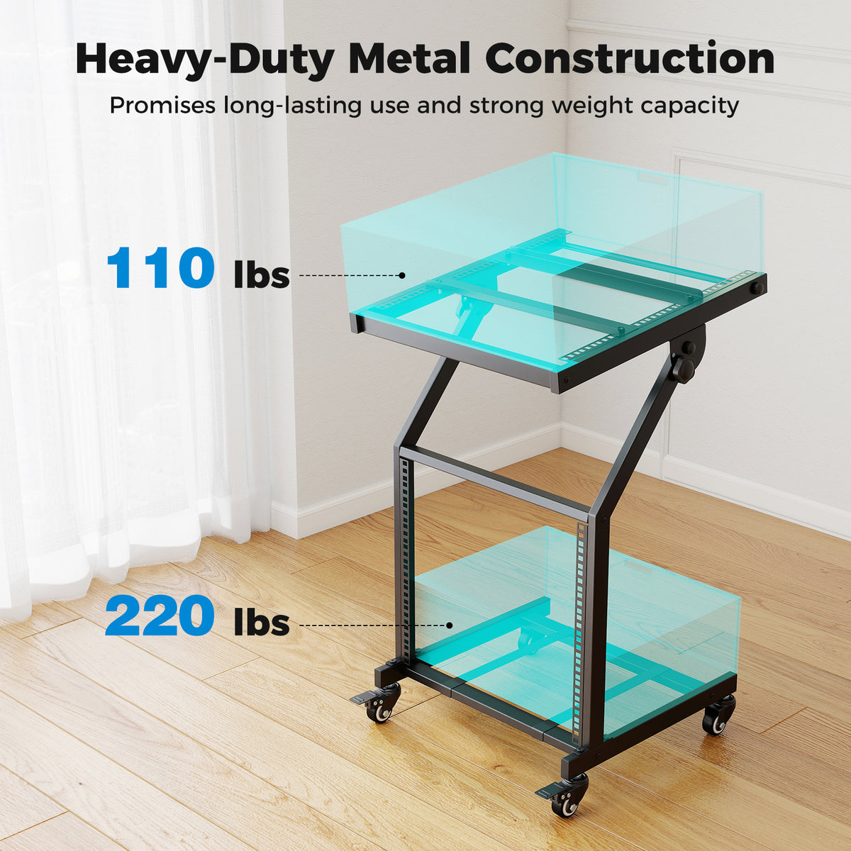 2-Layer Rolling 9U DJ Mixer Stand - Black Metal Audio Rack-Musical Instruments-DECOROLALA