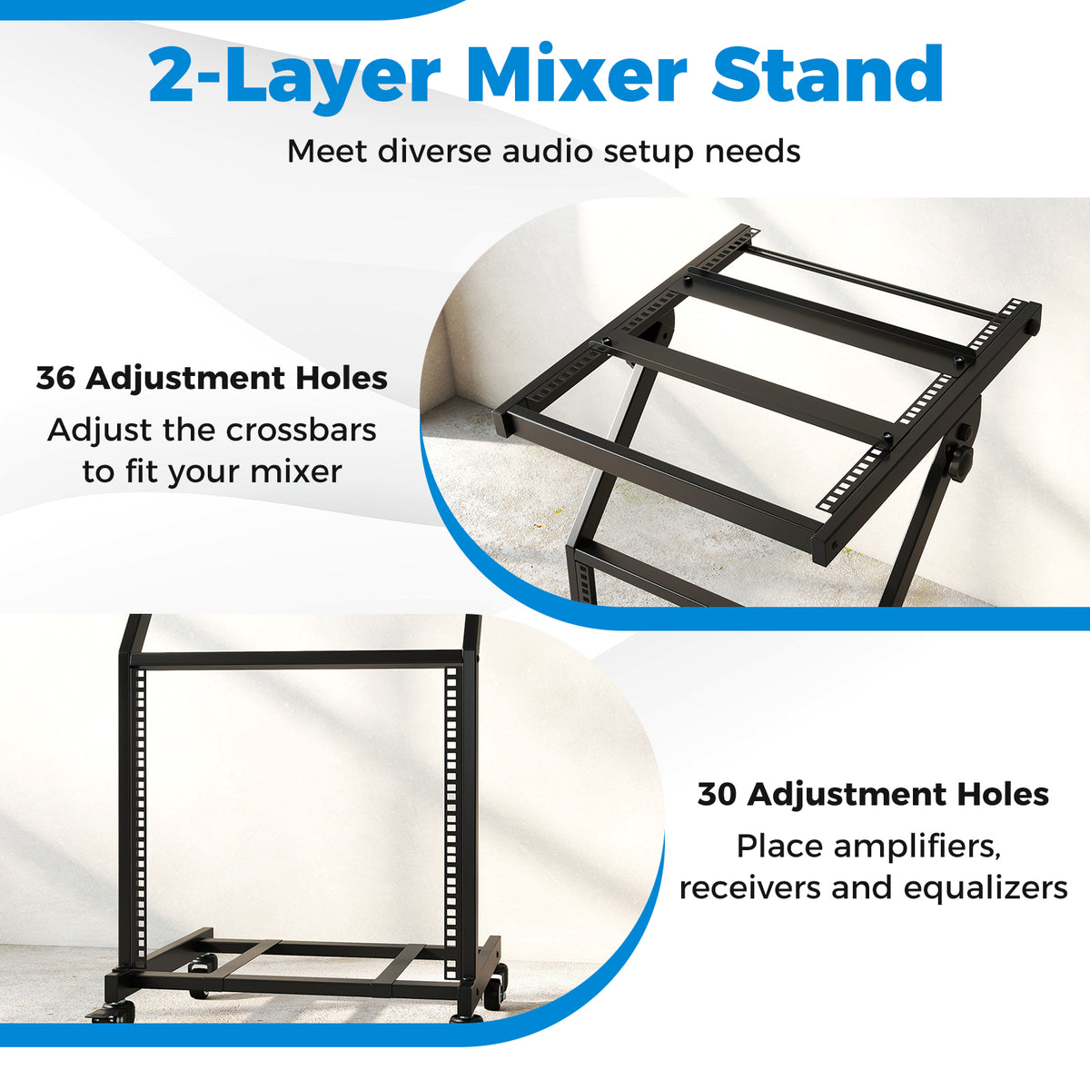 2-Layer Rolling 9U DJ Mixer Stand - Black Metal Audio Rack-Musical Instruments-DECOROLALA