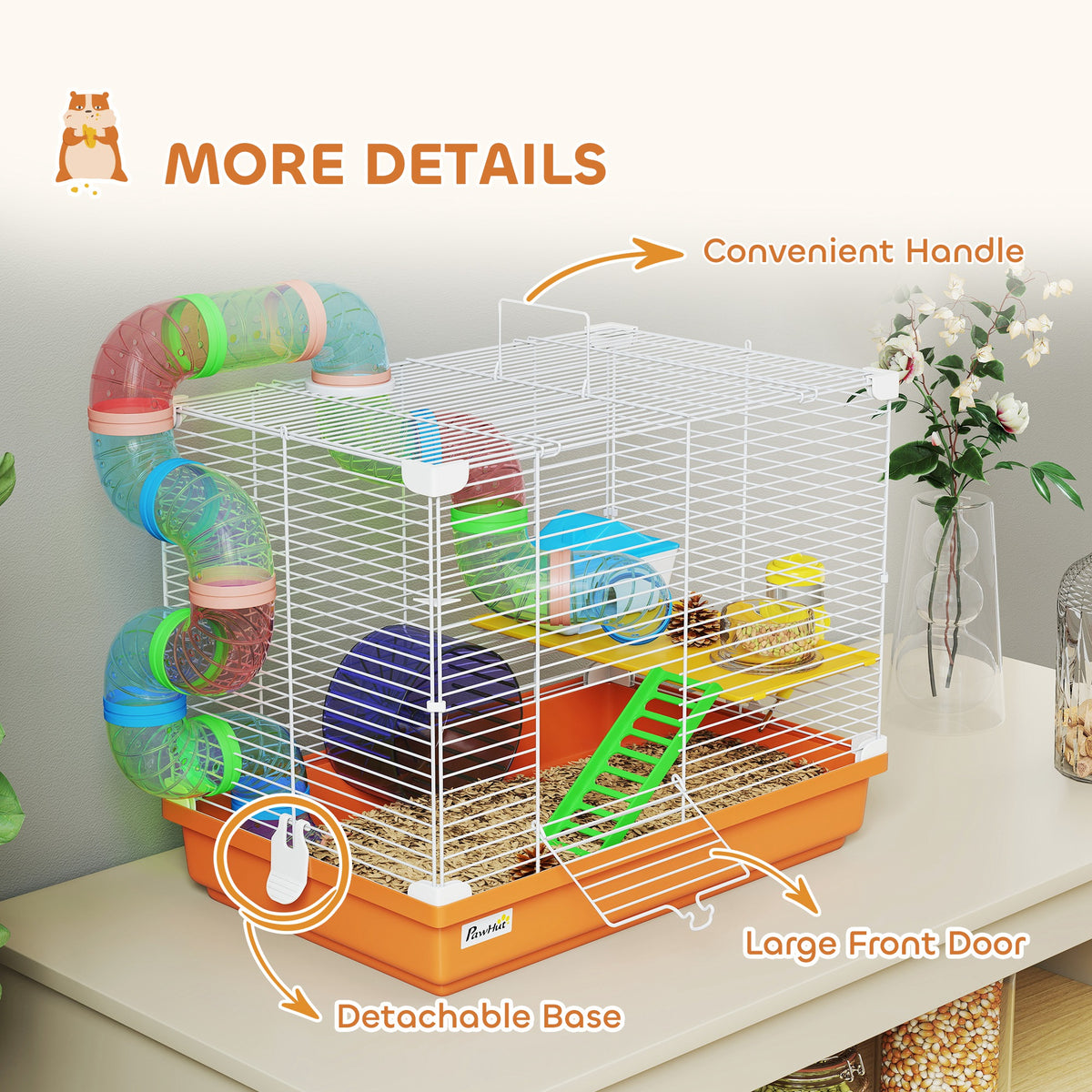 2-Level Hamster Cage with Tunnel & Exercise Wheel - 18" Orange-Small Animals-DECOROLALA