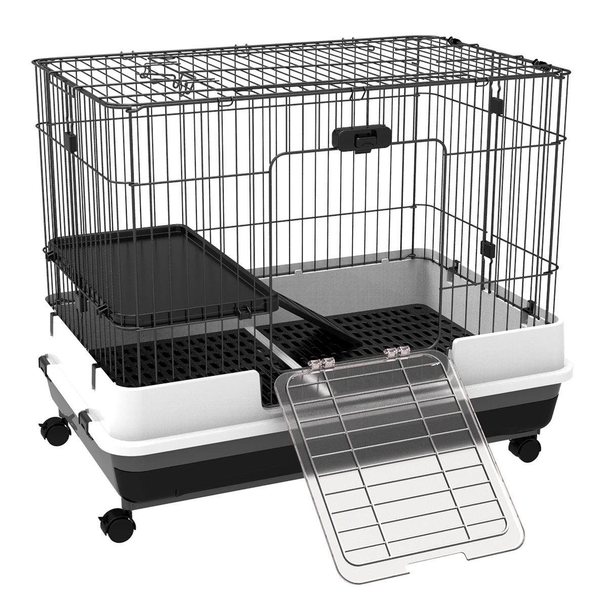 2-Level Small Animal Cage - 28"H Metal Habitat with Wheels, Black-Small Animal Supplies-DECOROLALA