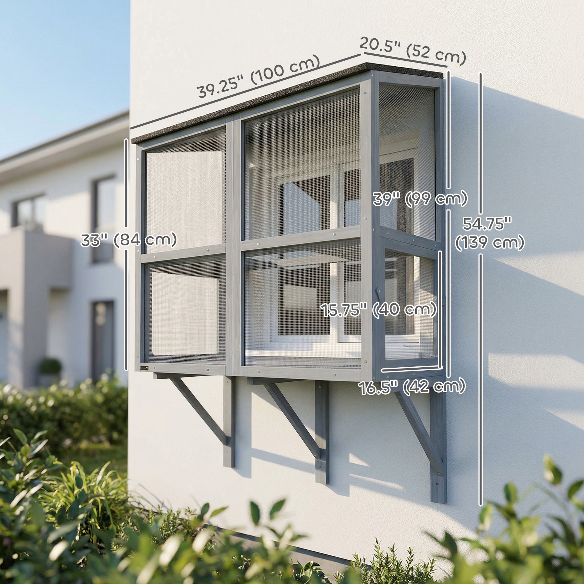 2-Level Wall-Mounted Outdoor Catio - Grey 39.4" L-DECOROLALA