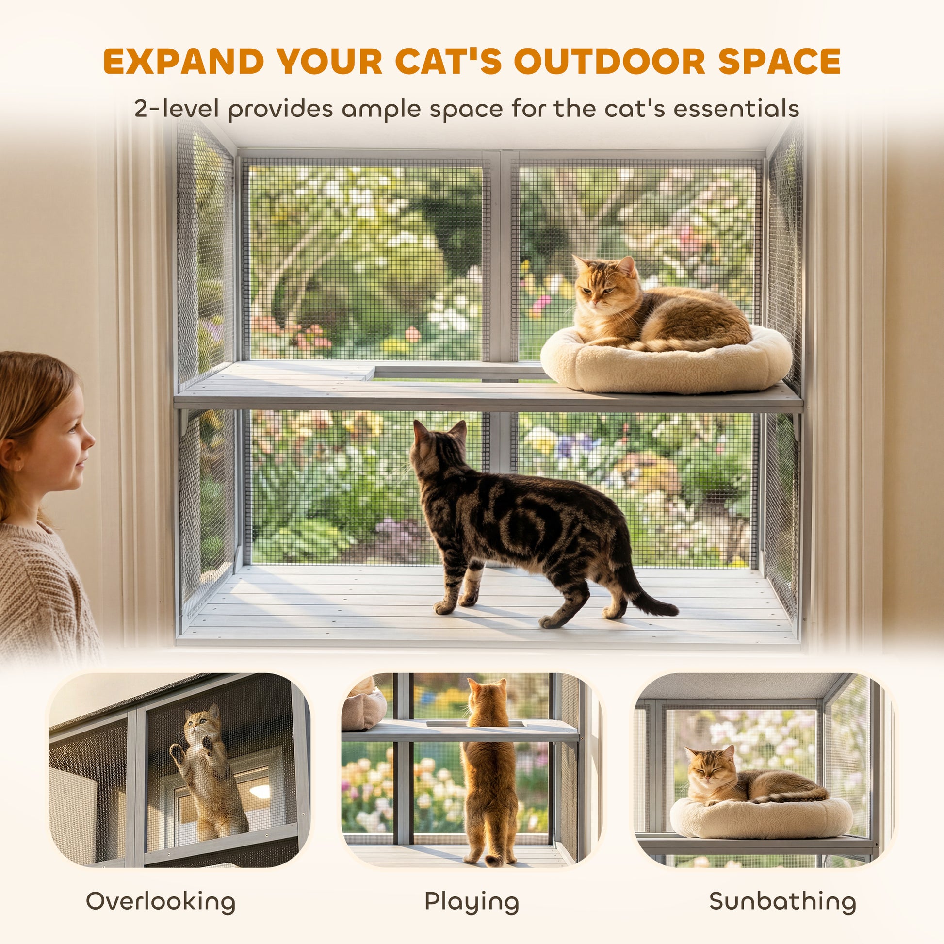 2-Level Wall-Mounted Outdoor Catio - Grey 39.4" L-DECOROLALA