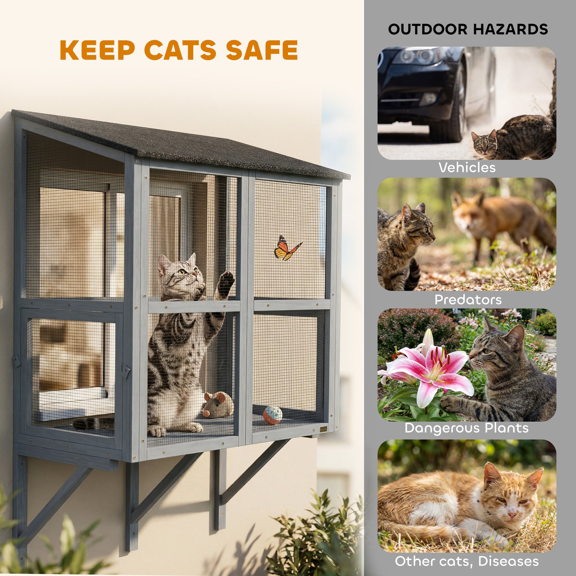 2-Level Wall-Mounted Outdoor Catio - Grey 39.4" L-DECOROLALA
