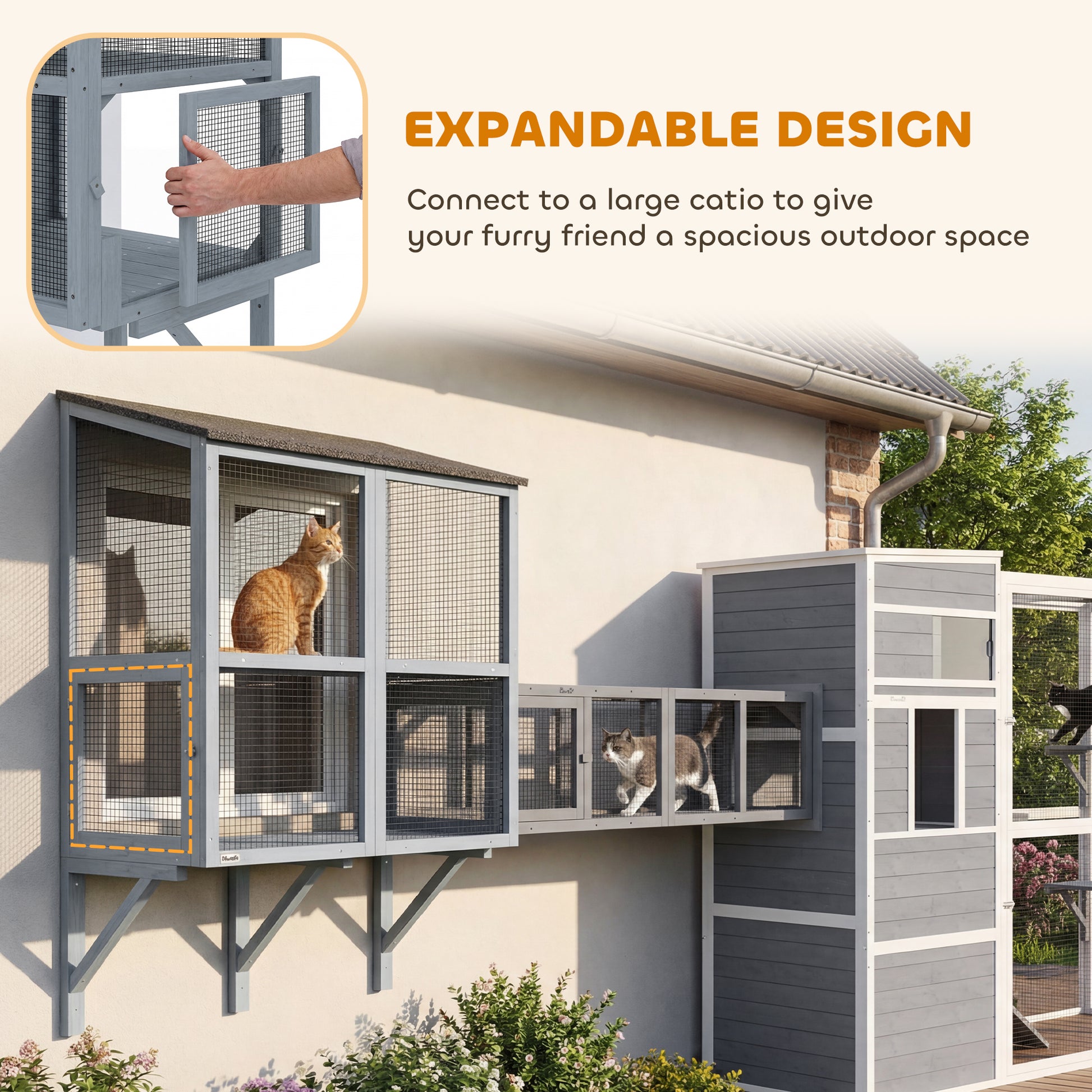 2-Level Wall-Mounted Outdoor Catio - Grey 39.4" L-DECOROLALA