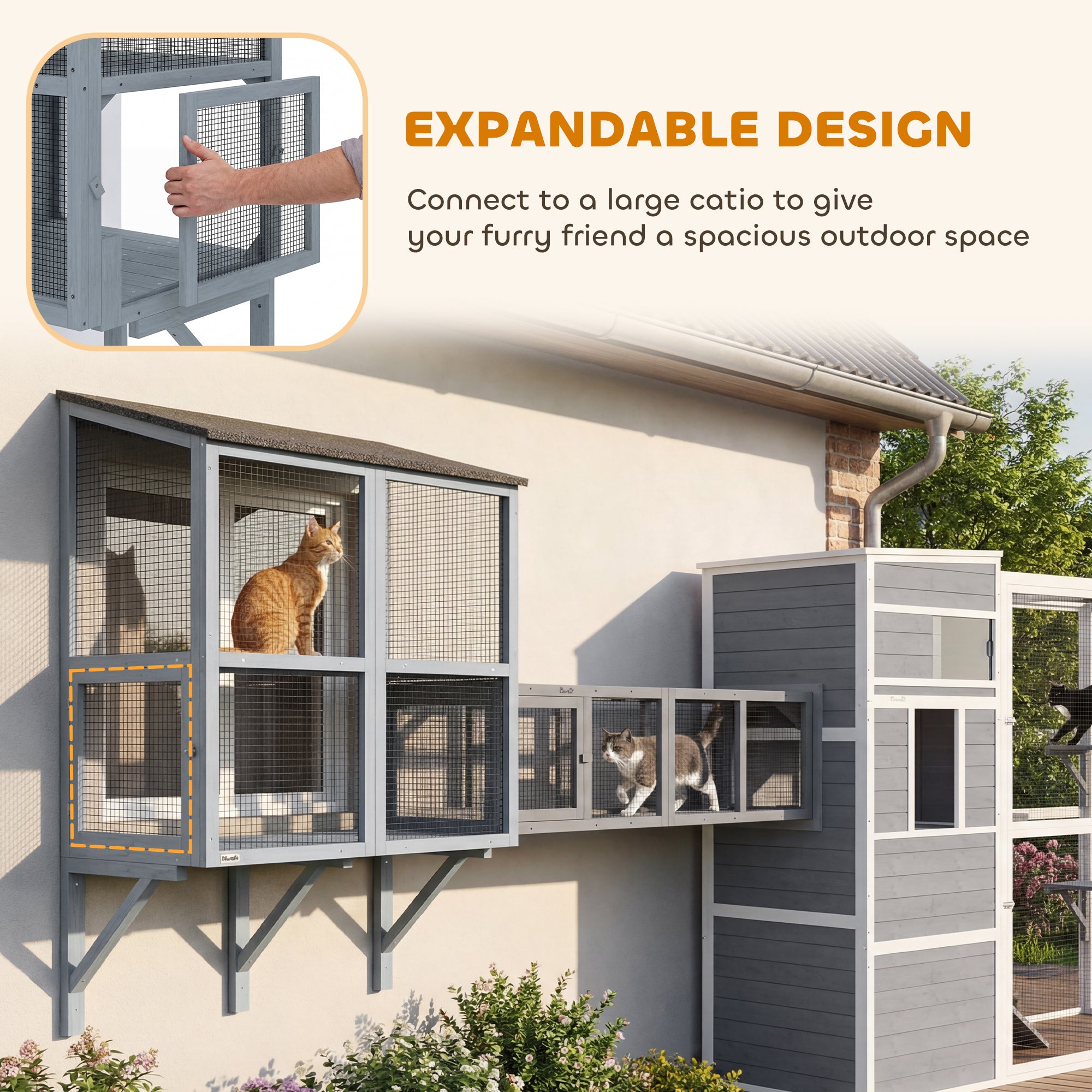 2-Level Wall-Mounted Outdoor Catio - Grey 39.4" L-DECOROLALA