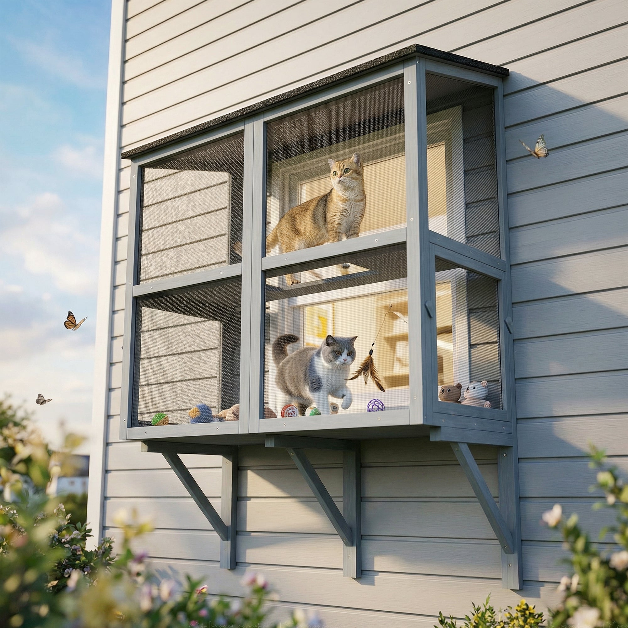 2-Level Wall-Mounted Outdoor Catio - Grey 39.4" L-DECOROLALA