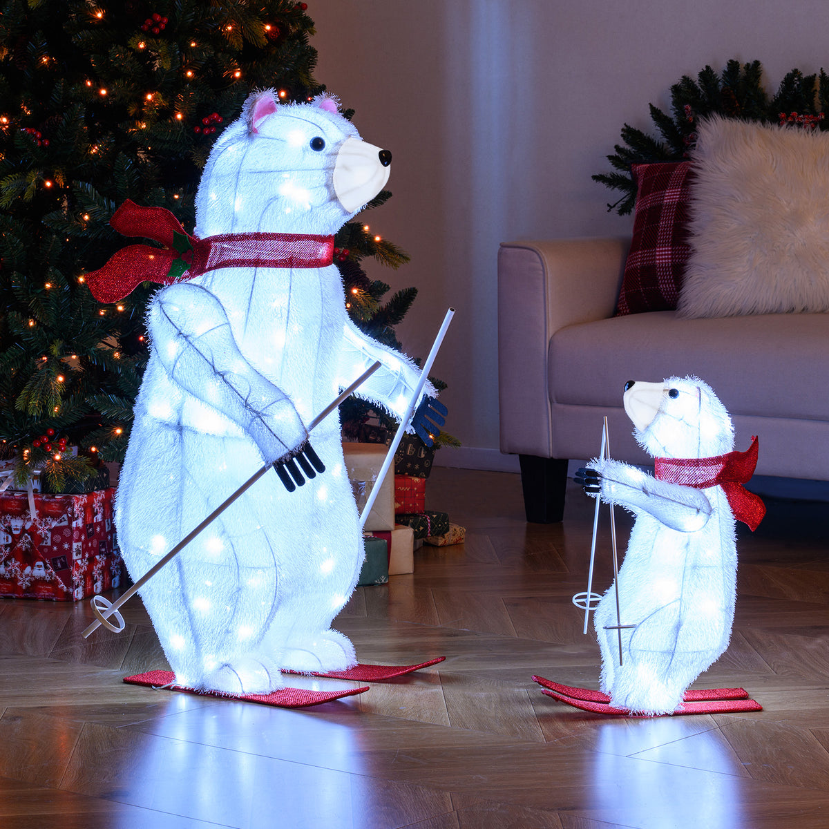 2 PCS Animated Skiing Polar Bears Pre-lit Christmas Bear Decoration with Skiing Motion-Christmas Decorations & Accessories-DECOROLALA