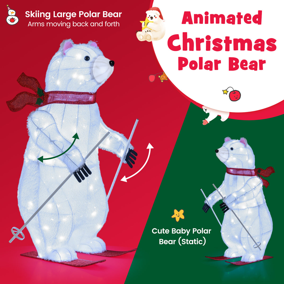 2 PCS Animated Skiing Polar Bears Pre-lit Christmas Bear Decoration with Skiing Motion-Christmas Decorations & Accessories-DECOROLALA