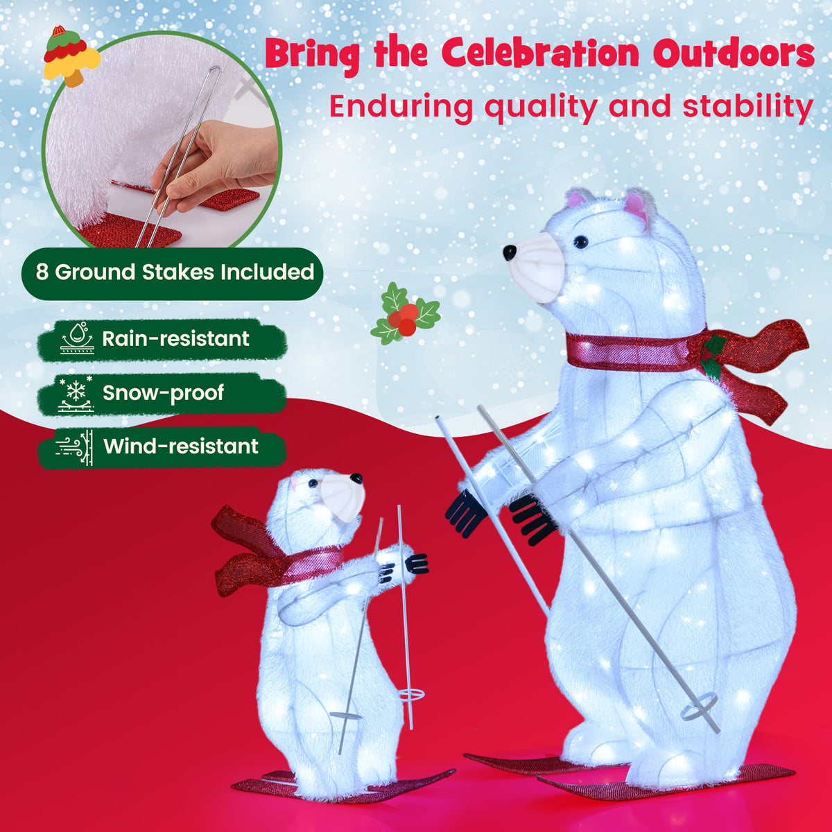 2 PCS Animated Skiing Polar Bears Pre-lit Christmas Bear Decoration with Skiing Motion-Christmas Decorations & Accessories-DECOROLALA